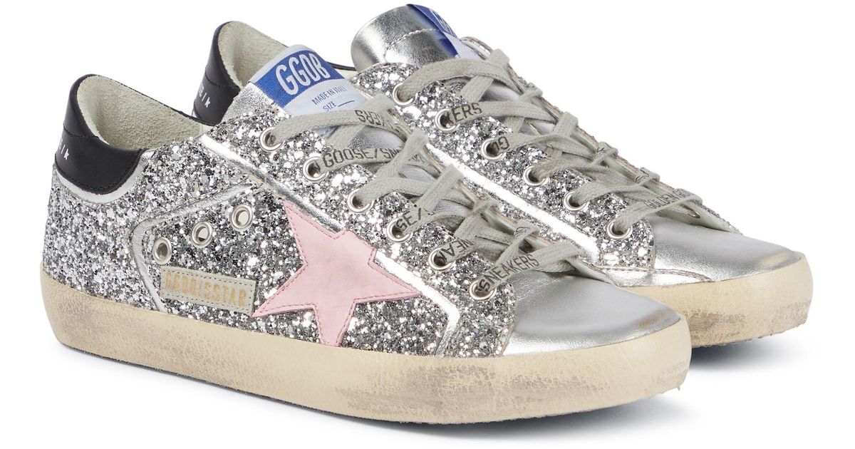 Golden Goose Superstar Glitter Leather Sneakers in Silver/Baby Pink ...