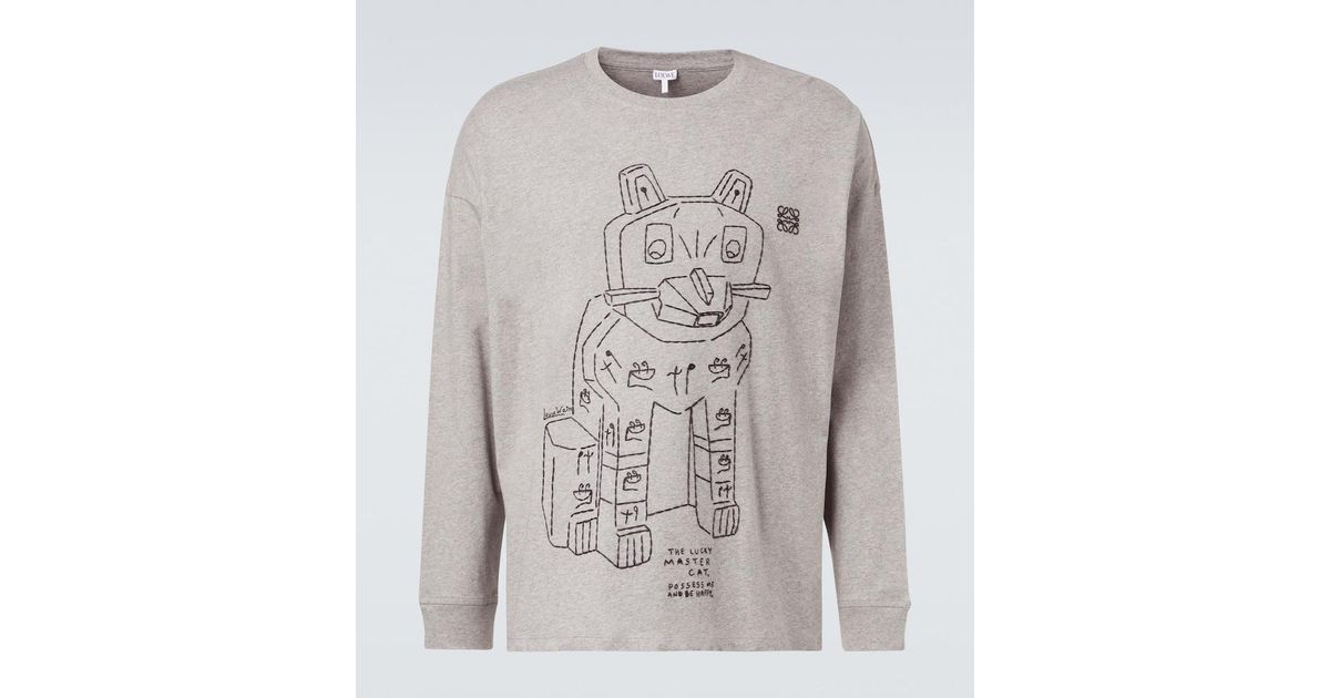 Loewe X Louis Wain Cat Long-Sleeves Cotton-Jersey T-Shirt in Gray 