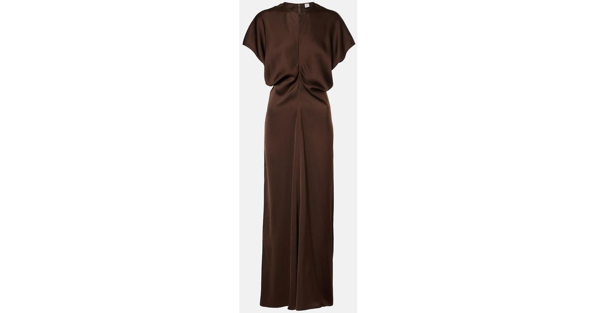 TOTEME Draped Satin Maxi Dress in Brown | Lyst