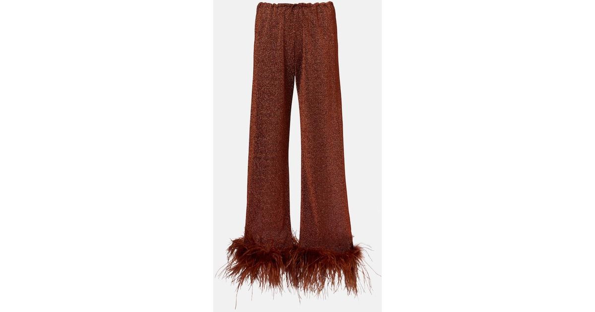 Oséree Lumiere Plumage Feather-Trimmed Straight Pants in Red | Lyst