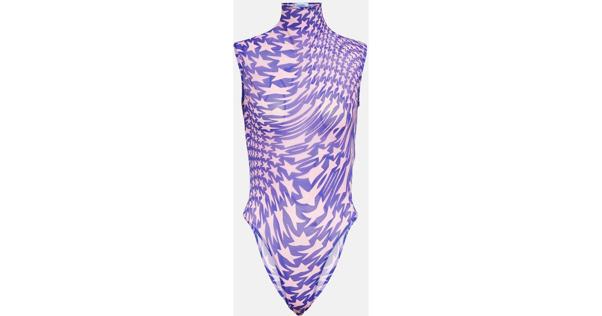 Mugler Printed High-neck Mesh Bodysuit in Purple | Lyst