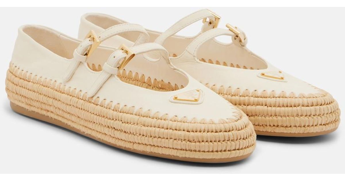 Prada Leather And Raffia Mary Jane Flats in Natural | Lyst