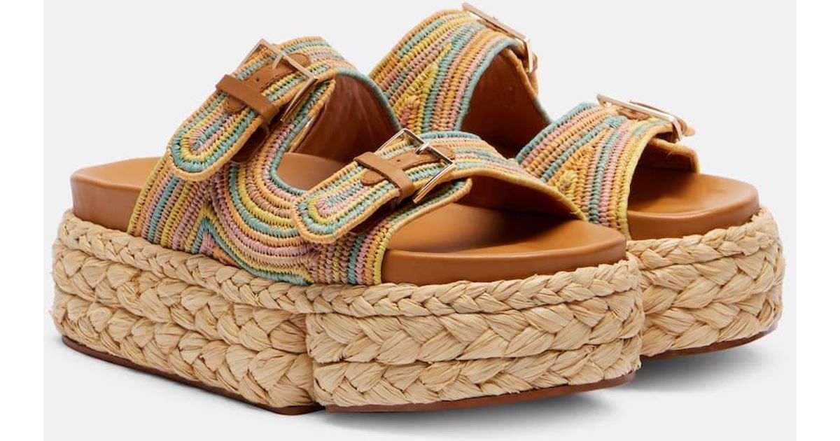 Robert Clergerie Quinie Raffia Platform Slides in Brown | Lyst UK