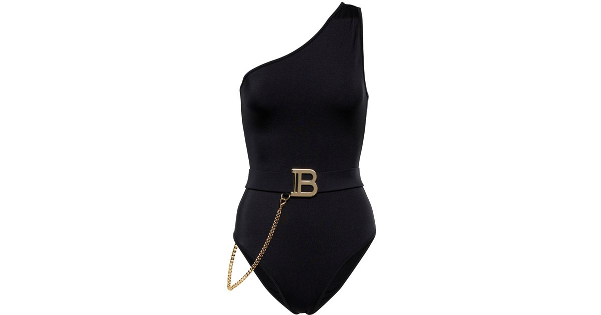 Balmain Belted Oneshoulder Swimsuit in Black Lyst