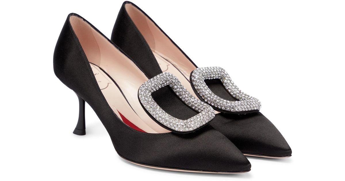 Roger Vivier Viv Choc Strass Embellished Satin Pumps In Nero Black 