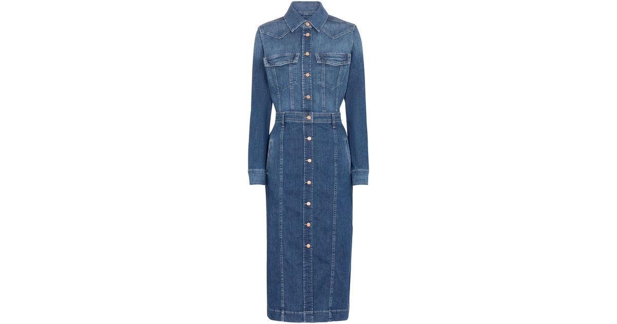 7 for all mankind luxe denim dress Shirt in Blue Missy Size:17.5 / xl indian peacock Vintage 80s/90s Post-Modern Bedroom sleeve shirtdress cut from