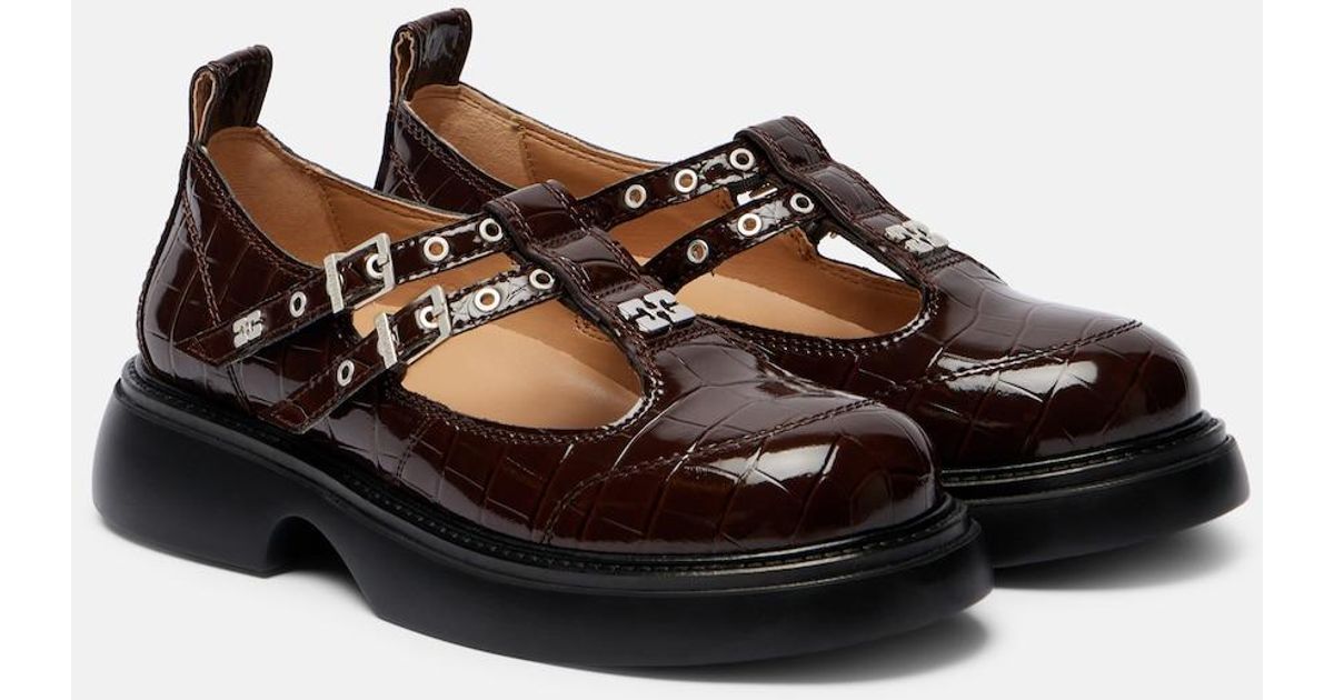 Ganni Croc-Effect Mary Jane Flats in Brown | Lyst