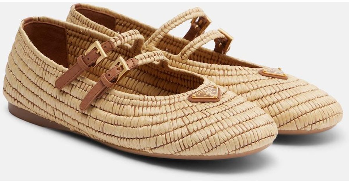 Prada Crochet Leather-Trimmed Mary Jane Flats in Brown | Lyst