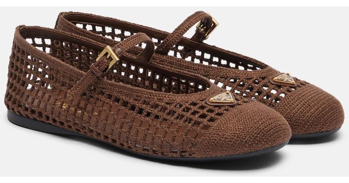 Prada Crochet Mary Jane Flats in Brown | Lyst UK