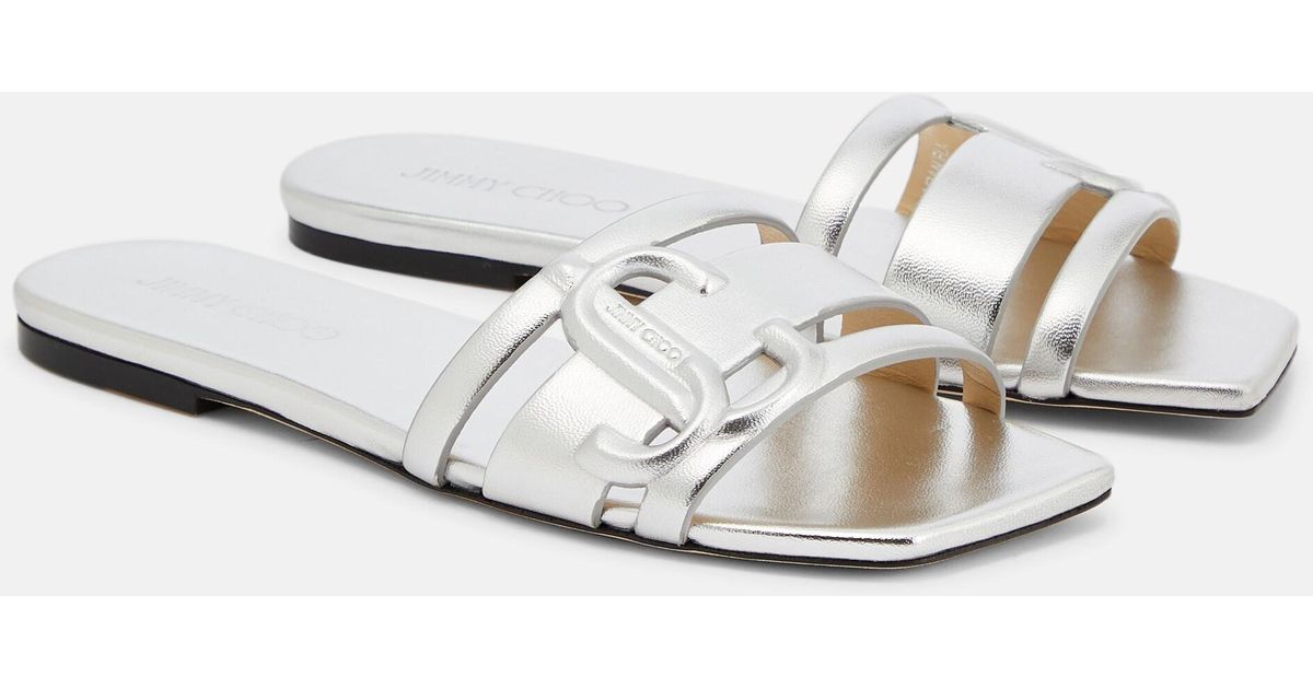 Jimmy Choo Laran Flat Metallic Leather Sandals in White | Lyst