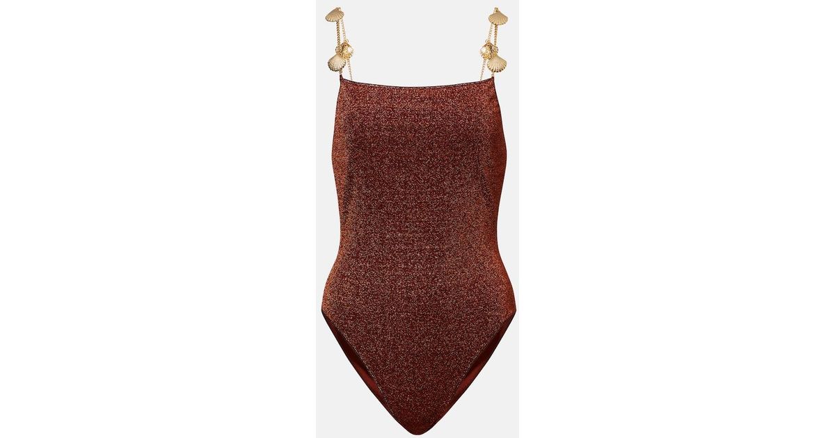 Oséree Lumiere Shells Embellished Swimsuit in Red | Lyst