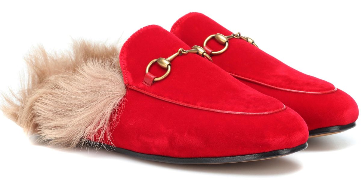 red gucci fur slippers