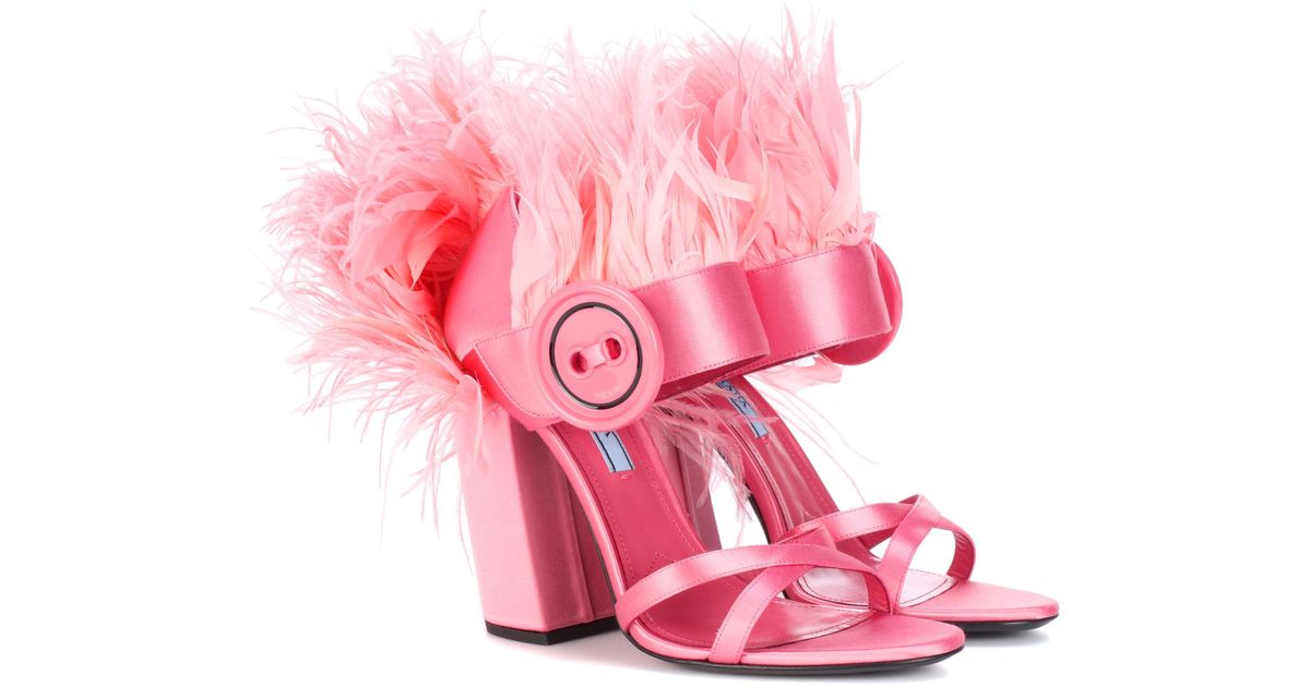 Prada Feather-trimmed Satin Sandals in Pink | Lyst