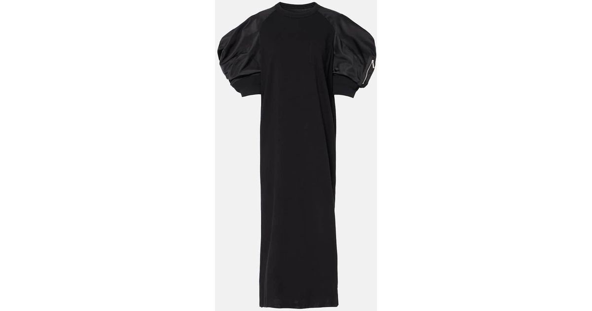 Sacai Puff-Sleeve Cotton-Blend Jersey Midi Dress in Black | Lyst
