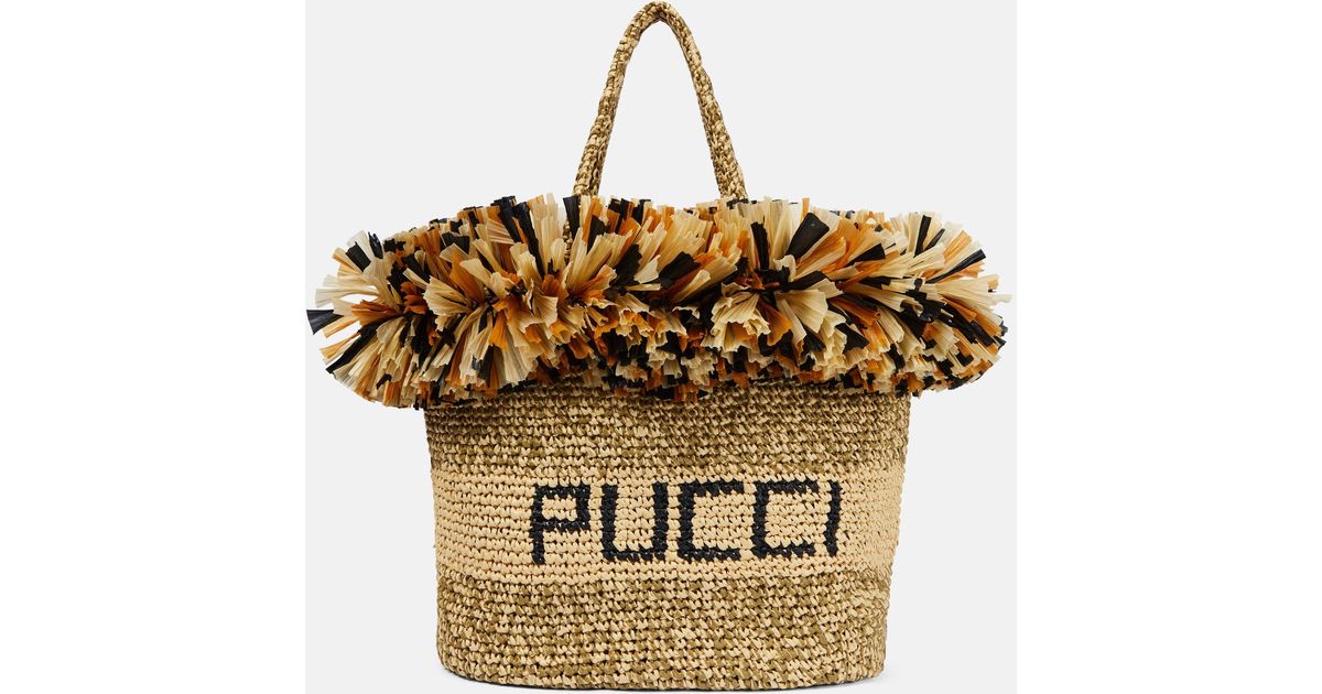 Emilio Pucci Logo Fringe-trimmed Raffia Tote Bag in Metallic | Lyst
