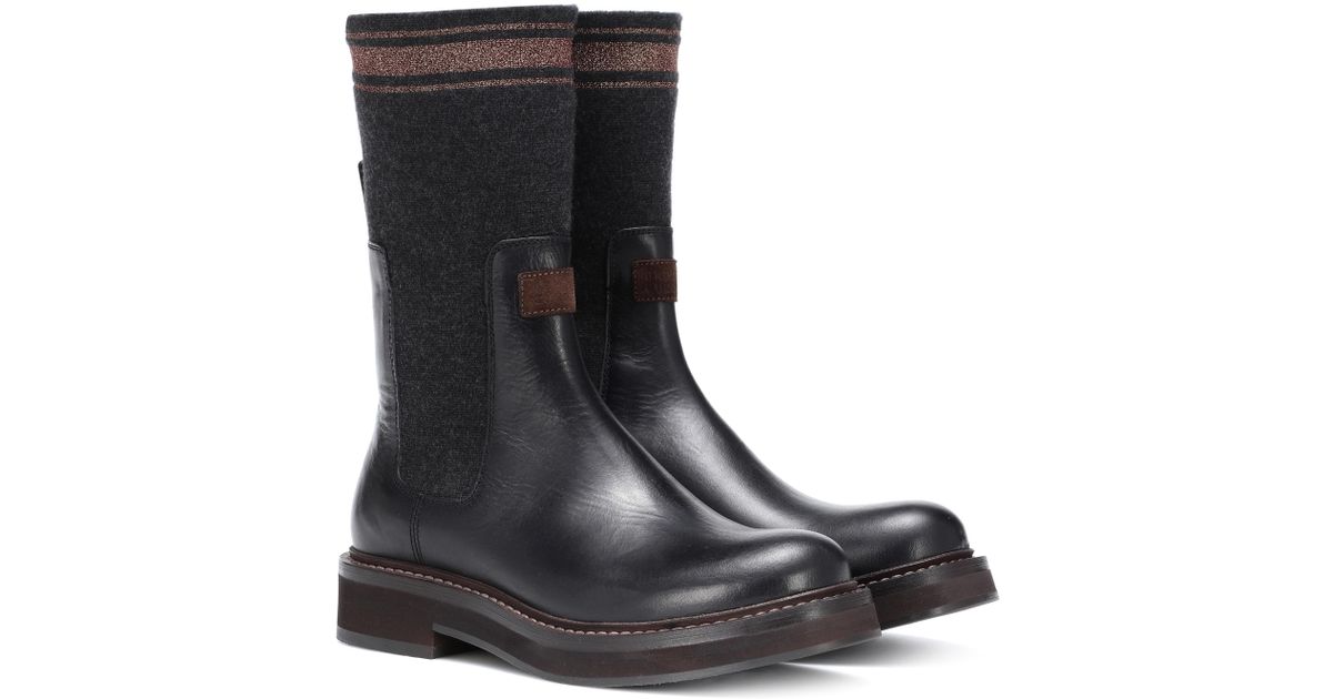 Mit Brunello Aus Leder Black Cucinelli Strick Stiefel Onk0N8wPX