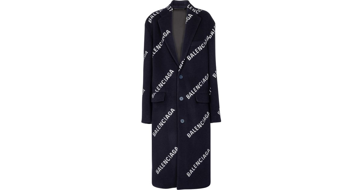 Balenciaga Logo Wool And Cashmere-blend Coat in Blue | Lyst