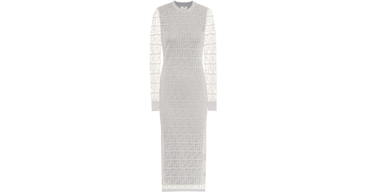 Fendi Ff Mesh Midi Dress in Silver 