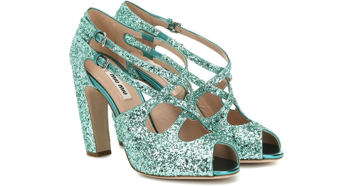 miu miu blue glitter heels