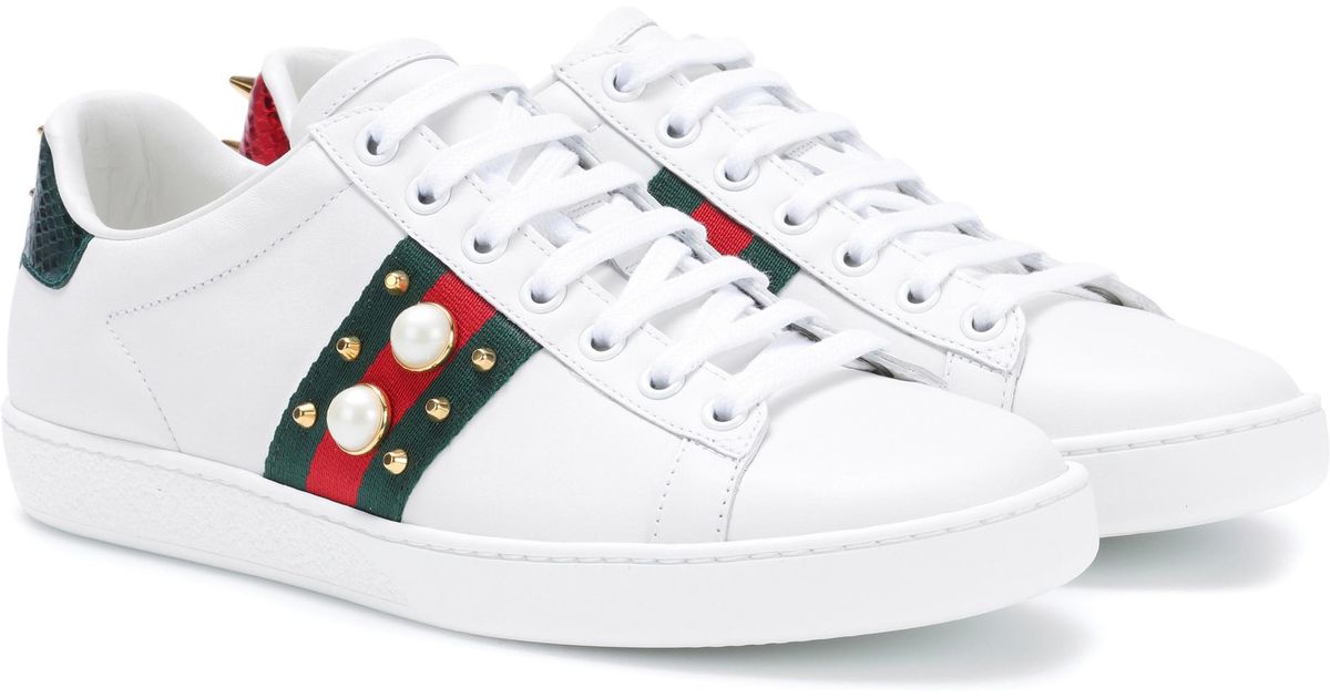 Gucci Ace Pearl And Stud-Detail Leather Trainers in White | Lyst UK