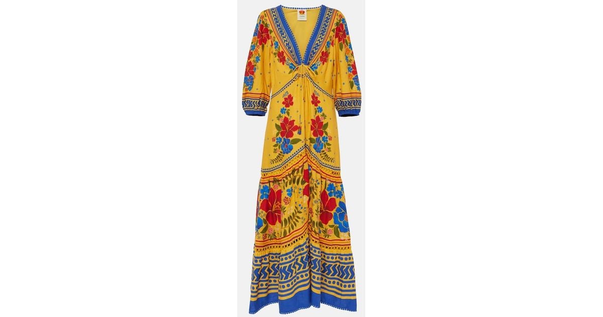 knee length dresses for ladies Farm Rio Yellow Painted Flowers Tiered Midi Dress Print Size Small / A