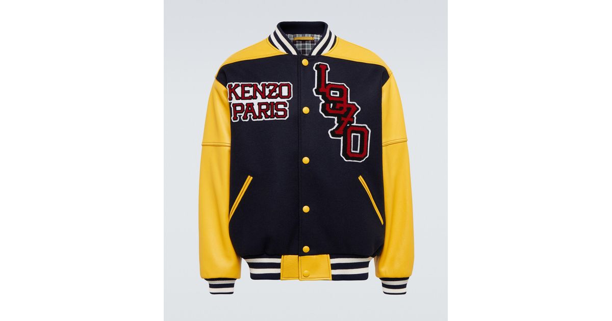 KENZO Tiger Varsity Leather-paneled Varsity Jacket in Blue for Men