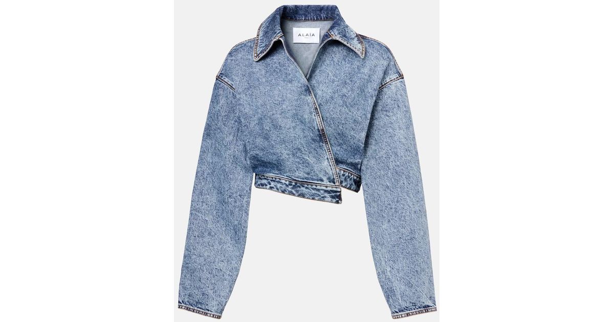 Alaïa Asymmetric Cropped Denim Jacket in Blue | Lyst