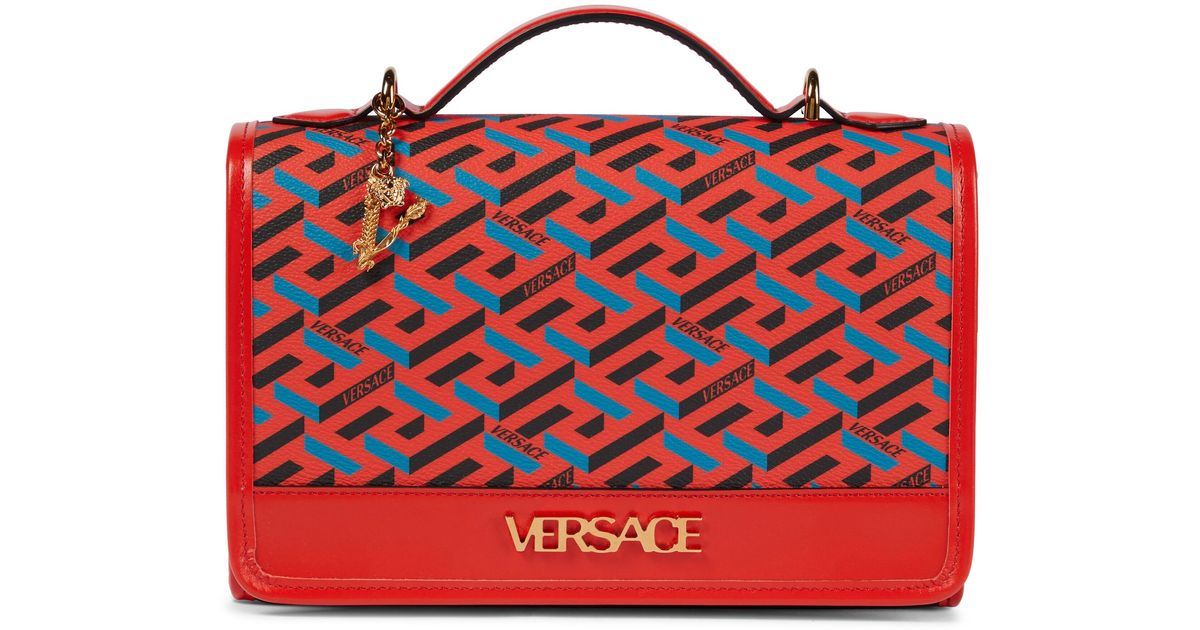 Versace Leather La Greca Signature Shoulder Bag in Red - Lyst