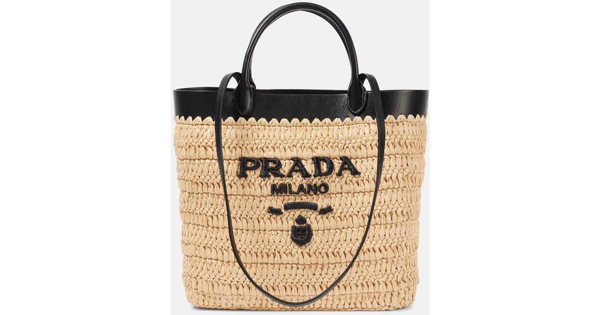 Prada Small Logo Raffia-Effect Tote Bag in Natural | Lyst UK