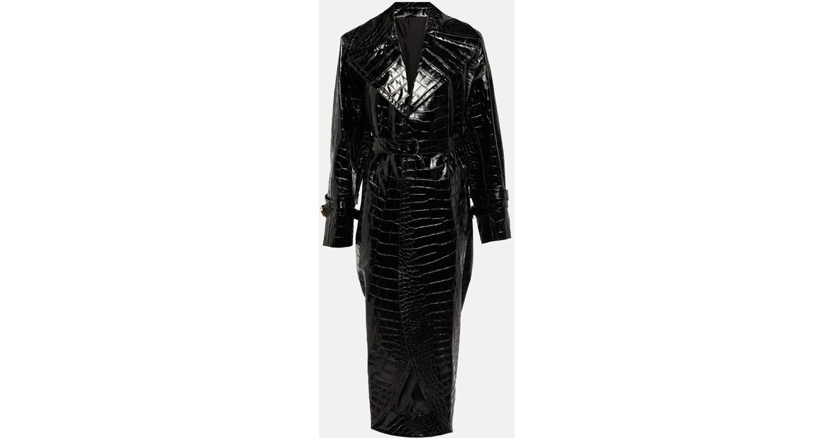 Alaïa Croc-effect Faux Leather Trench Coat in Black | Lyst