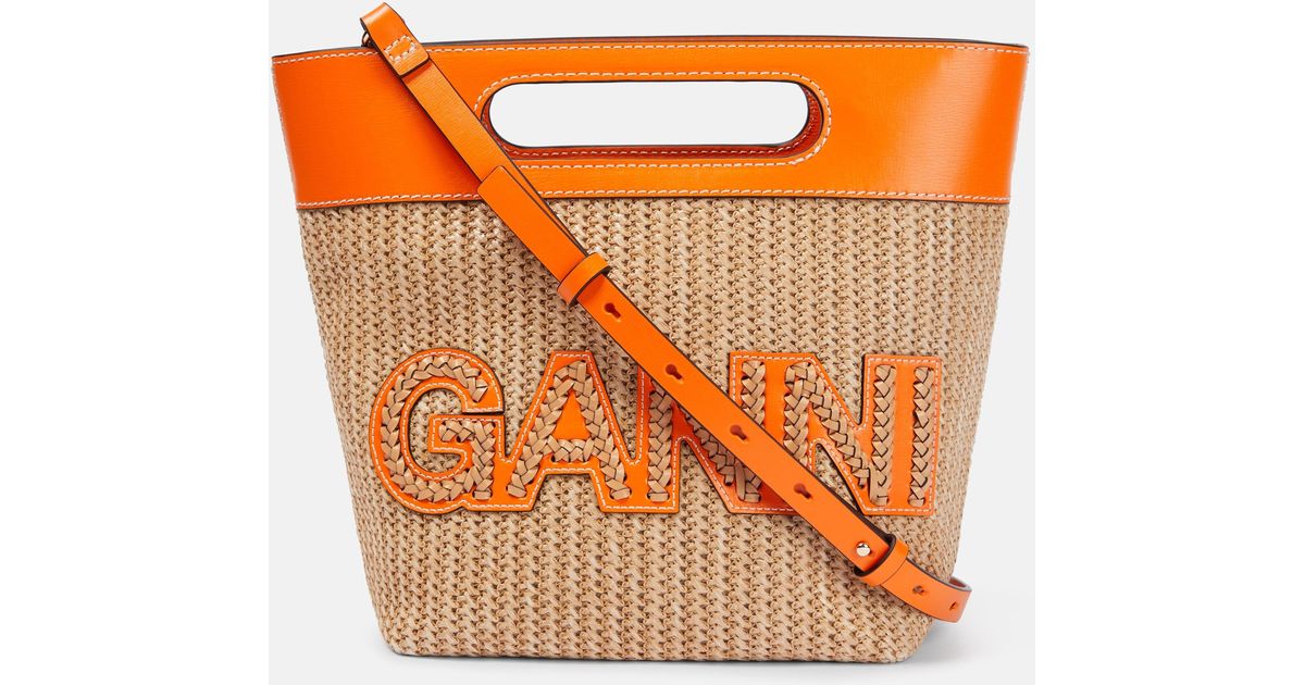 Ganni Kraft Small Raffia Tote Bag in Orange | Lyst