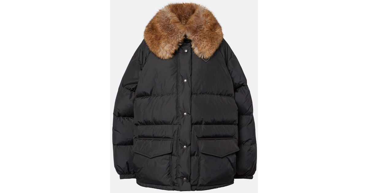 Prada Faux Fur-Trimmed Down Jacket in Black | Lyst