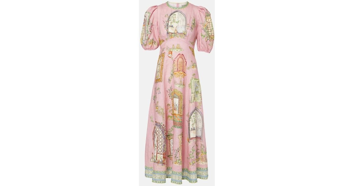 ALMAIS Monte Printed Linen Midi Dress in Pink | Lyst