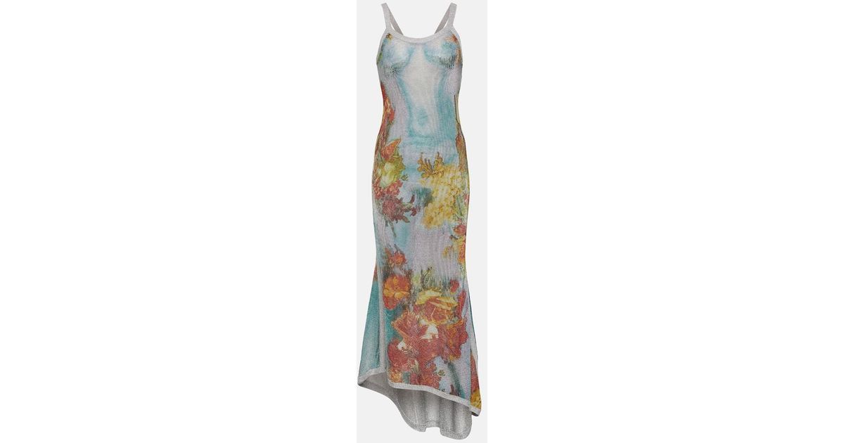 Jean Paul Gaultier Asymmetric Printed Metallic Knitted Maxi Dress in White  | Lyst