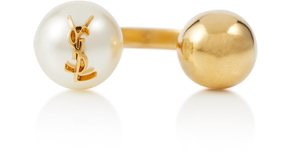 Saint Laurent Faux Pearl Ring in Yellow | Lyst