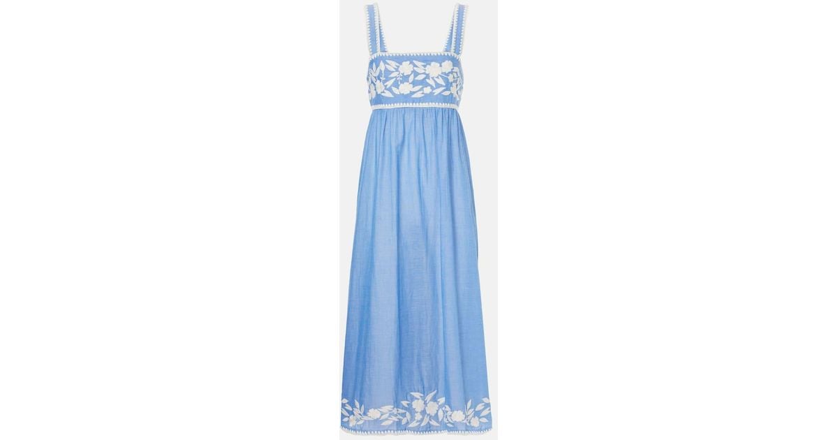 Juliet Dunn Embroidered Cotton Chambray Midi Dress in Blue | Lyst