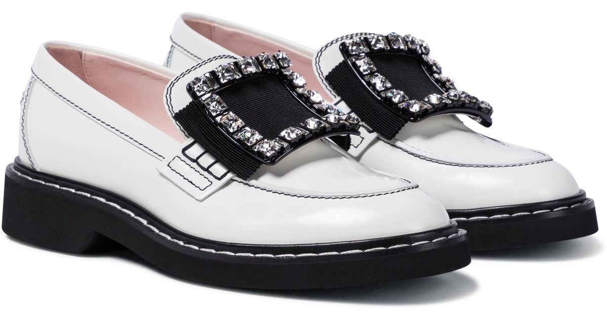 Roger Vivier Viv' Rangers Strass Stitch Leather Loafers in White | Lyst