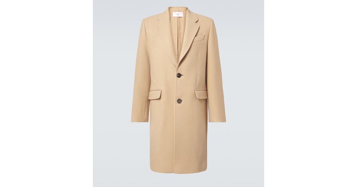 Ami Paris Single-Breasted Wool Coat in Natural for Men | Lyst