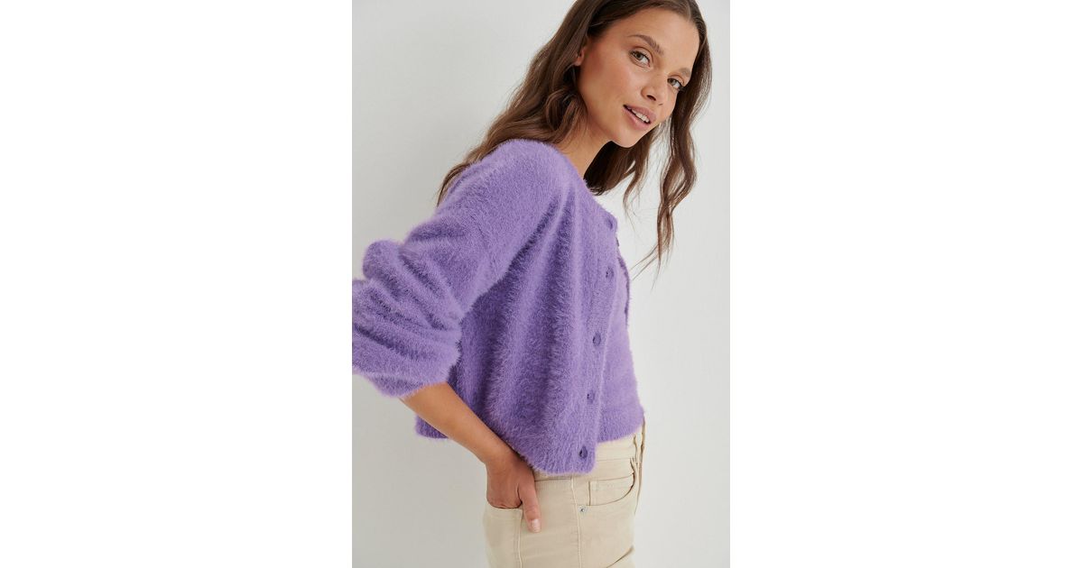 NA-KD Fuzzy Knit Cardigan in Purple | Lyst