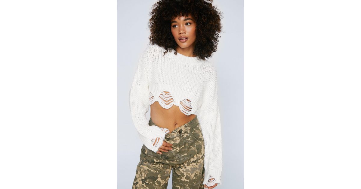 Nasty Gal Super Cropped Ladder Knitted Sweater in White Lyst