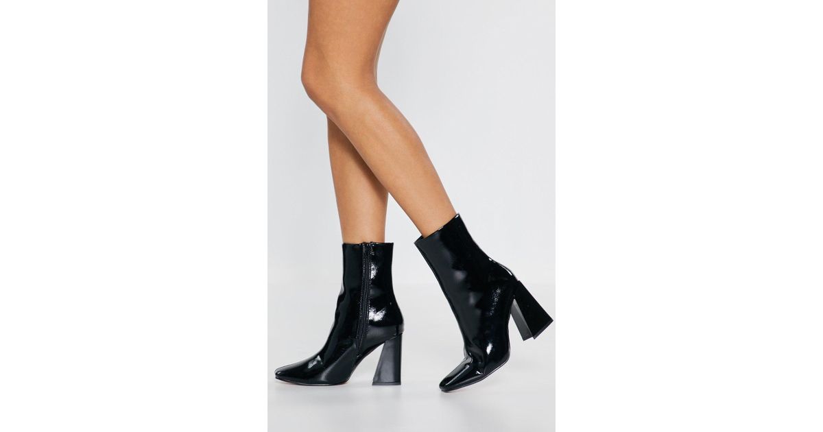 patent square toe flare heel sock boot