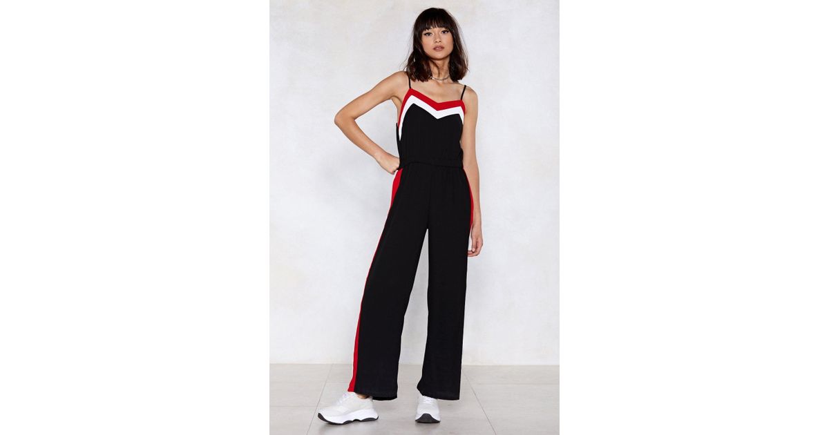 scallop edge open back striped palazzo jumpsuit