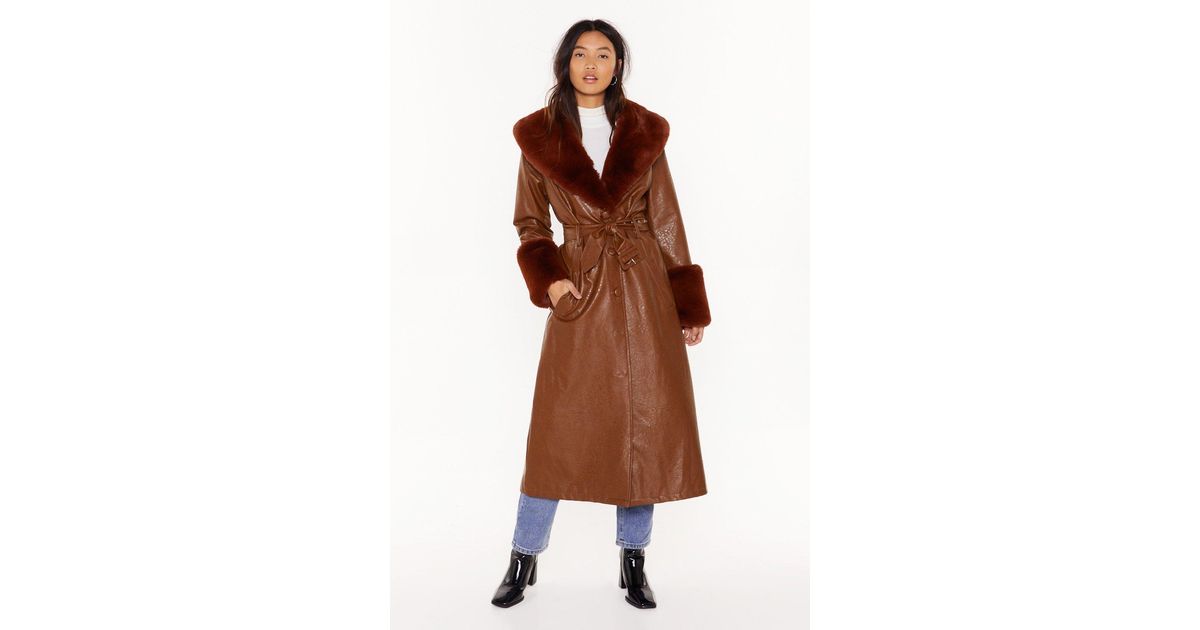 brown trench coat with fur collar