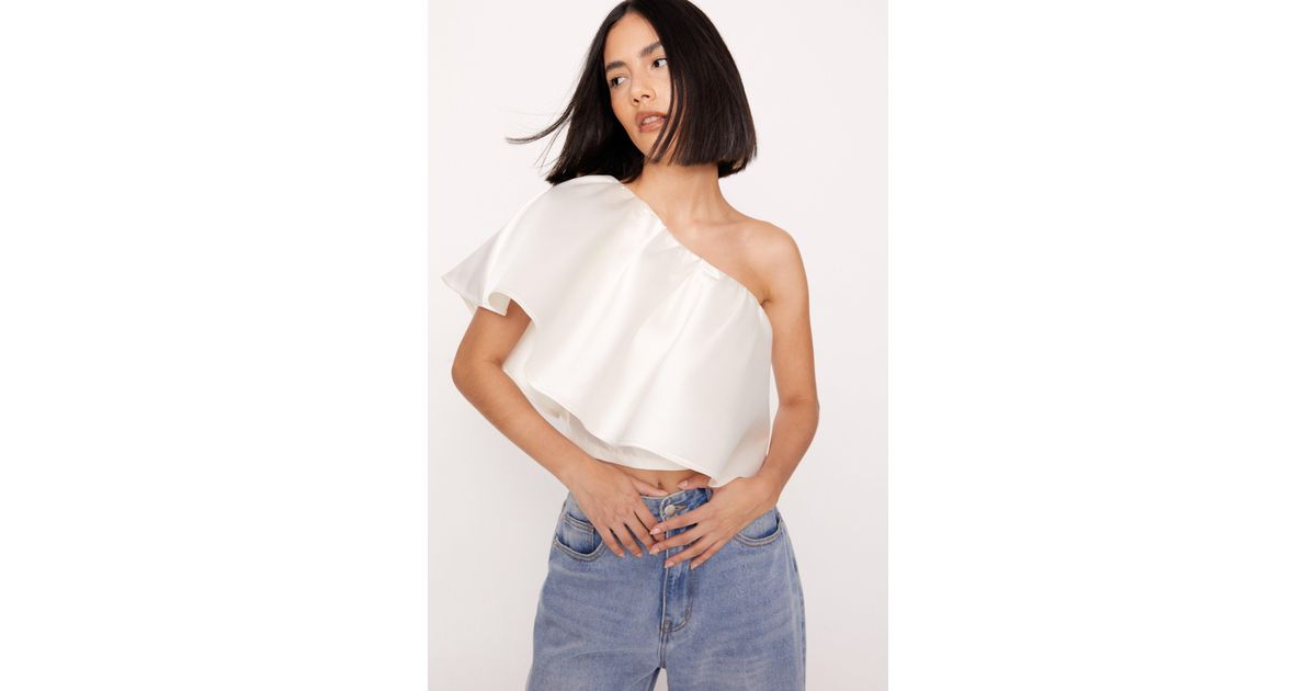 Nasty Gal One Shoulder Satin Twill Blouse in White | Lyst