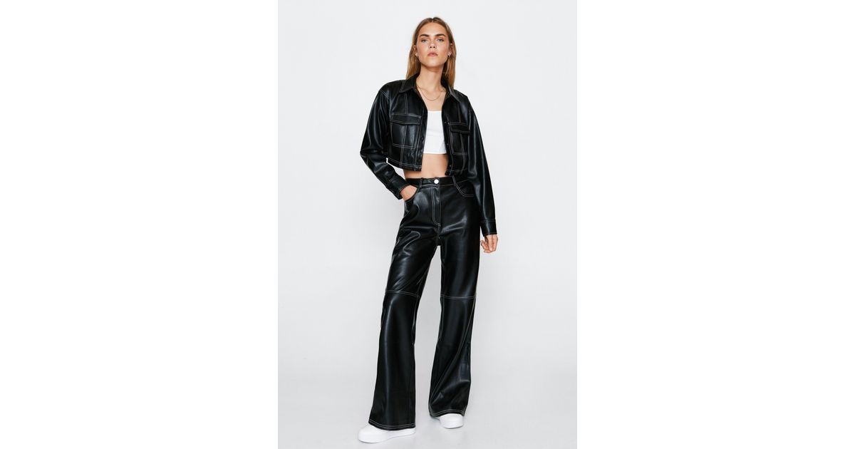 black faux leather contrast stitch trouser