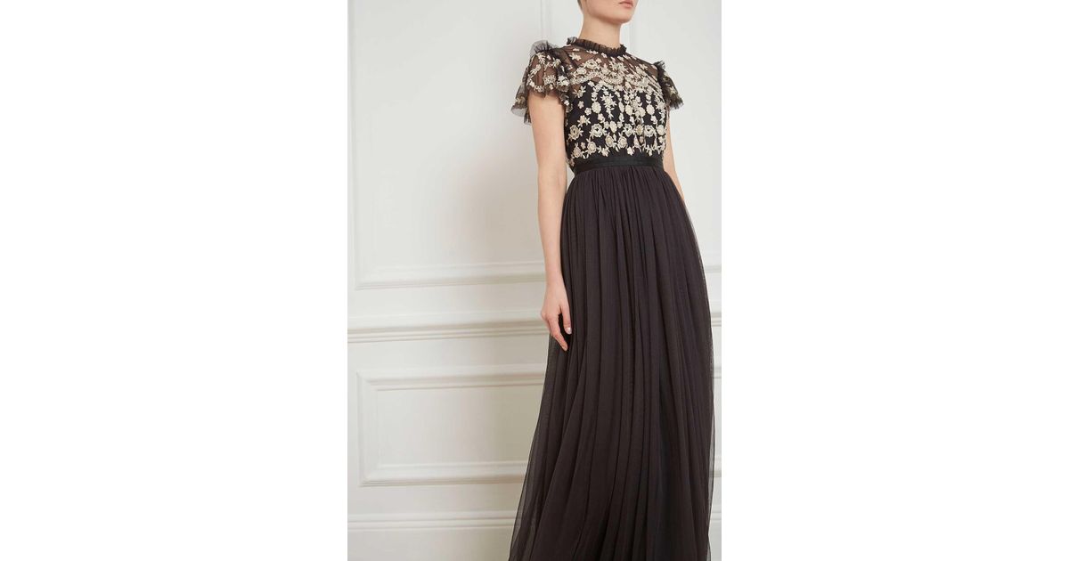 needle & thread embroidered bodice tulle maxi dress in graphite