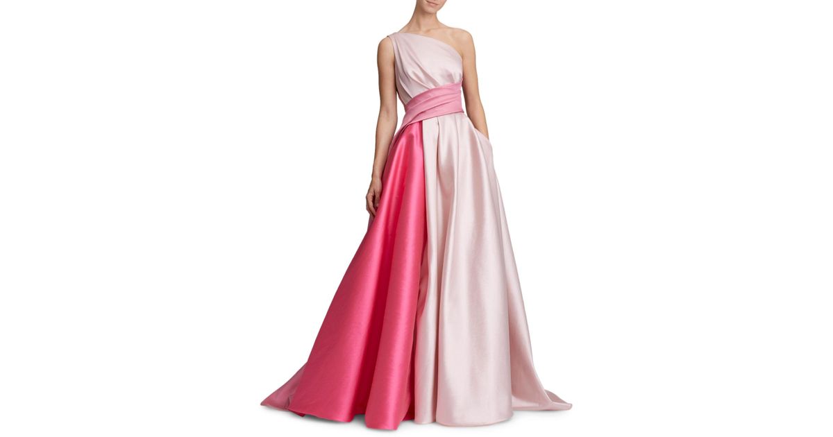 Marchesa Synthetic One Shoulder Draped Bow Back Colorblock Gown In