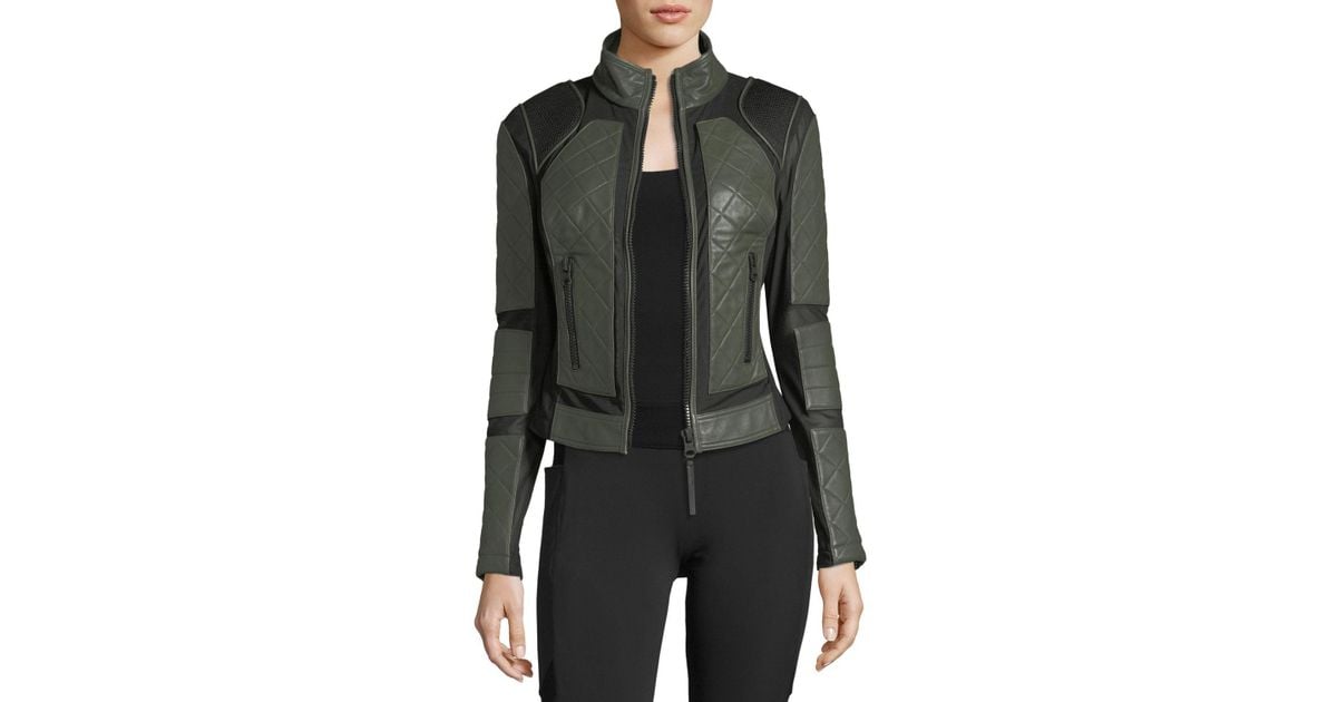 Blanc Noir Green Quilted Leather Mesh Moto Jacket