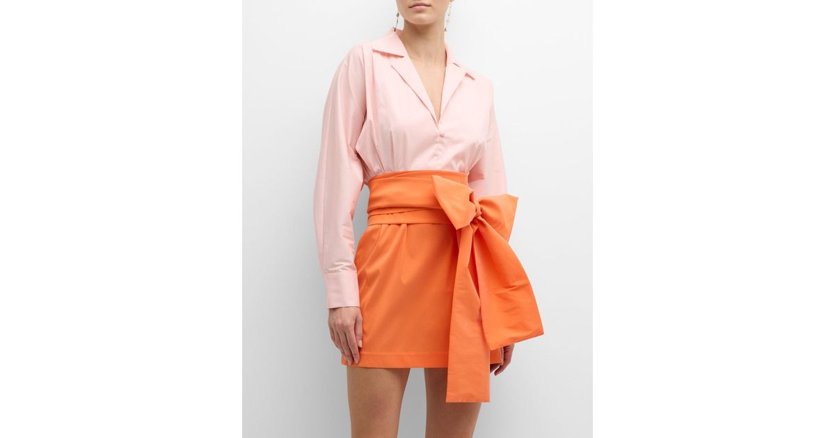 BERNADETTE Claire Bi-color Bow Long-sleeve Mini Shirtdress in Orange | Lyst