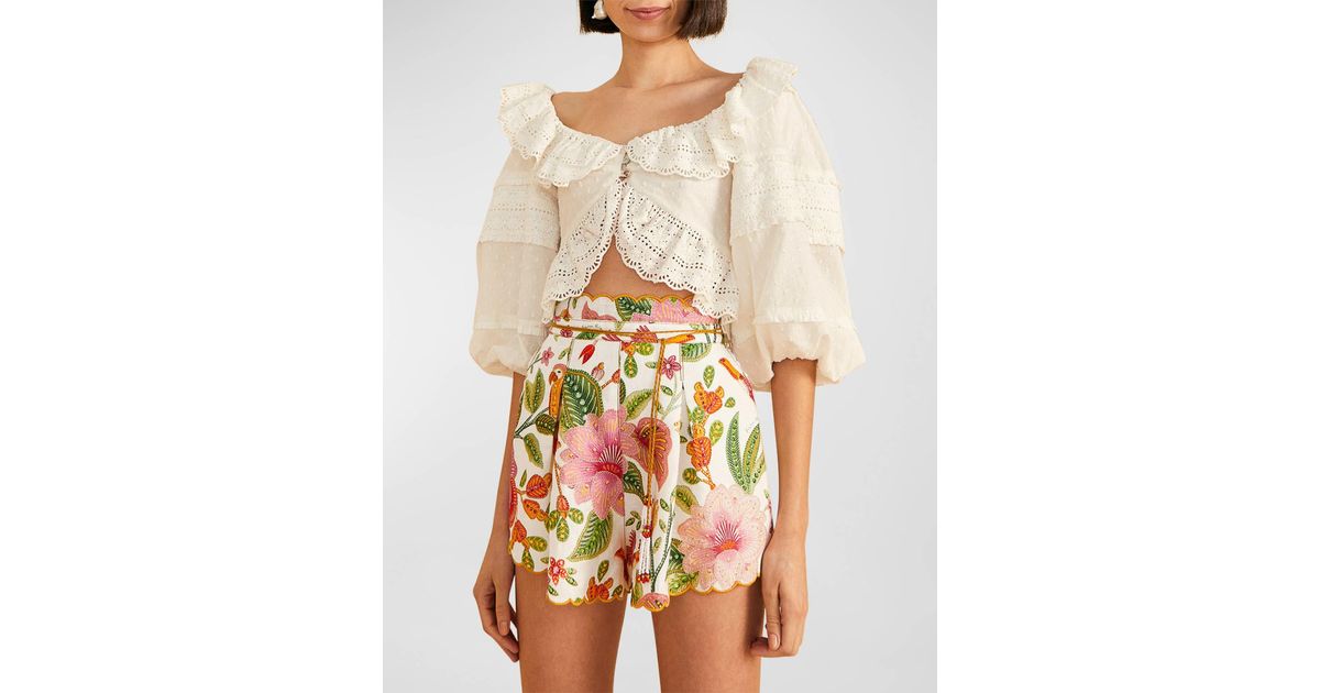 FARM Rio Macaw Bloom Scalloped Linen Shorts in White | Lyst